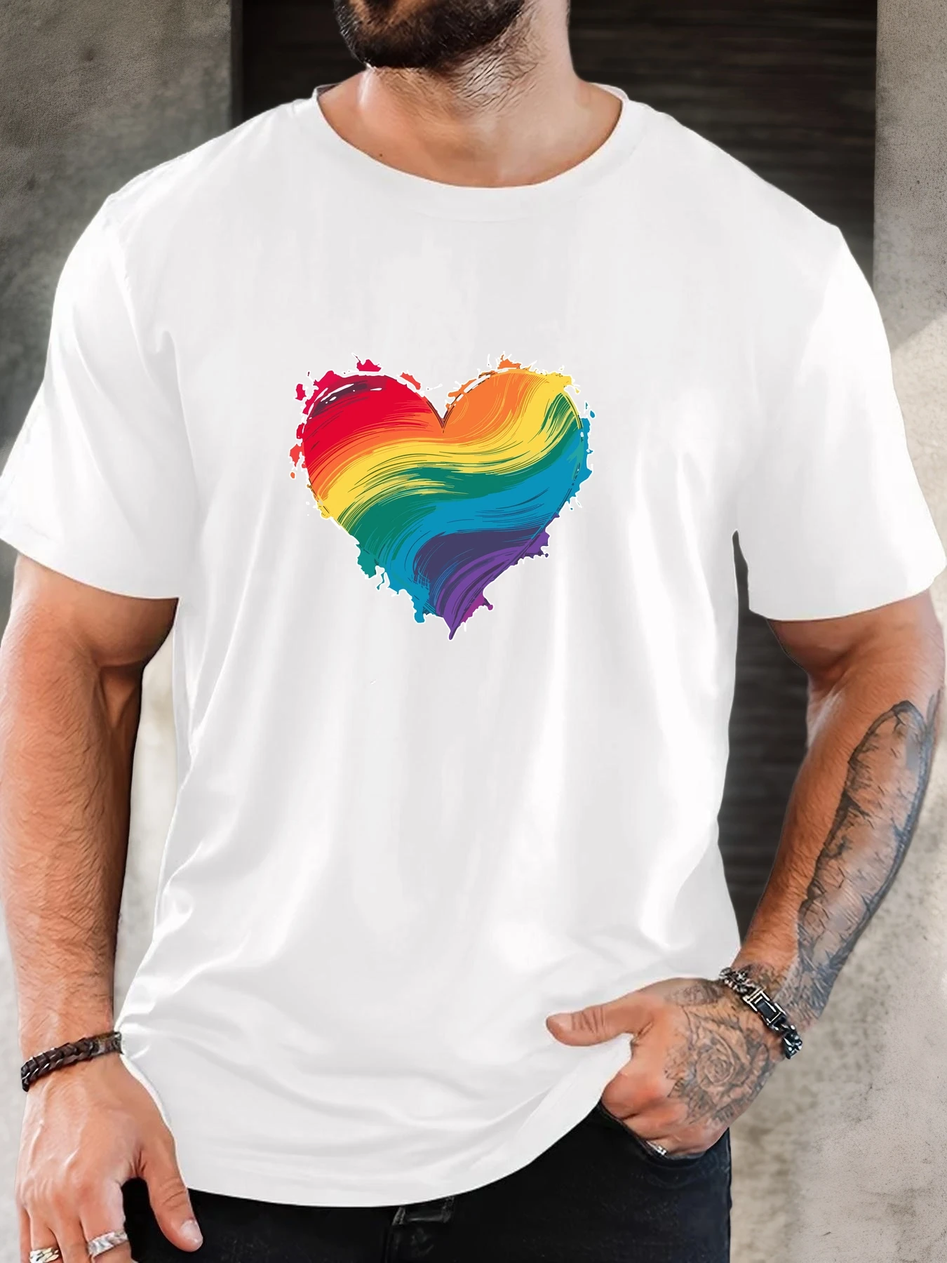 New Men Khaki Crew Neck Tee Brush Stroke Rainbow Heart Colorful Paint Splash Equality Love Soft Cotton Male Casual Short Tops
