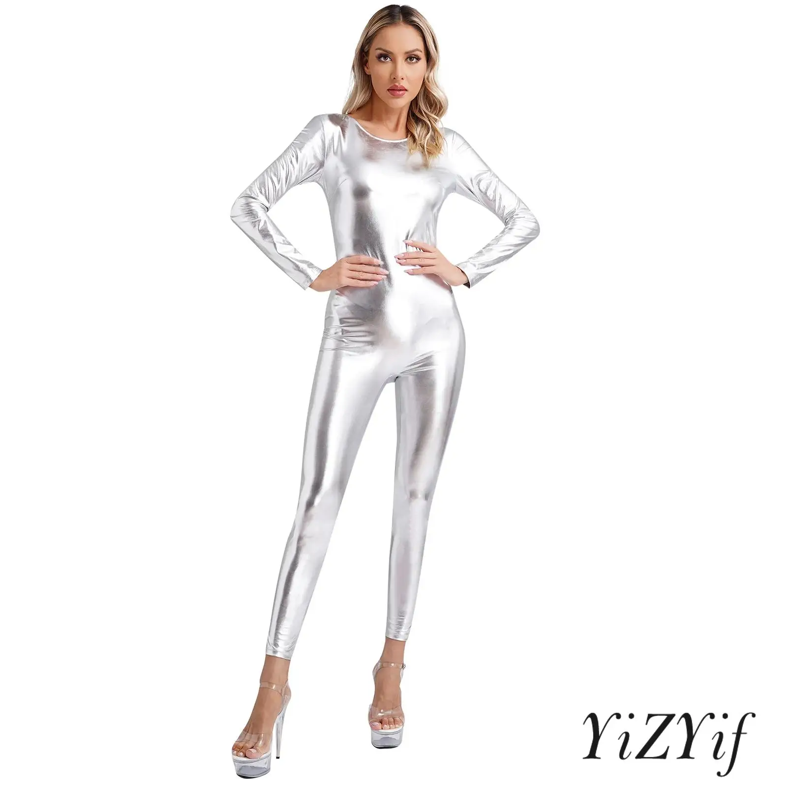 

Womens Clubwear Party Dancewear Catsuit Metallic Shiny Unitard Bodysuit Gymnastic One Piece Full Body Jumpsuit Festival Costume