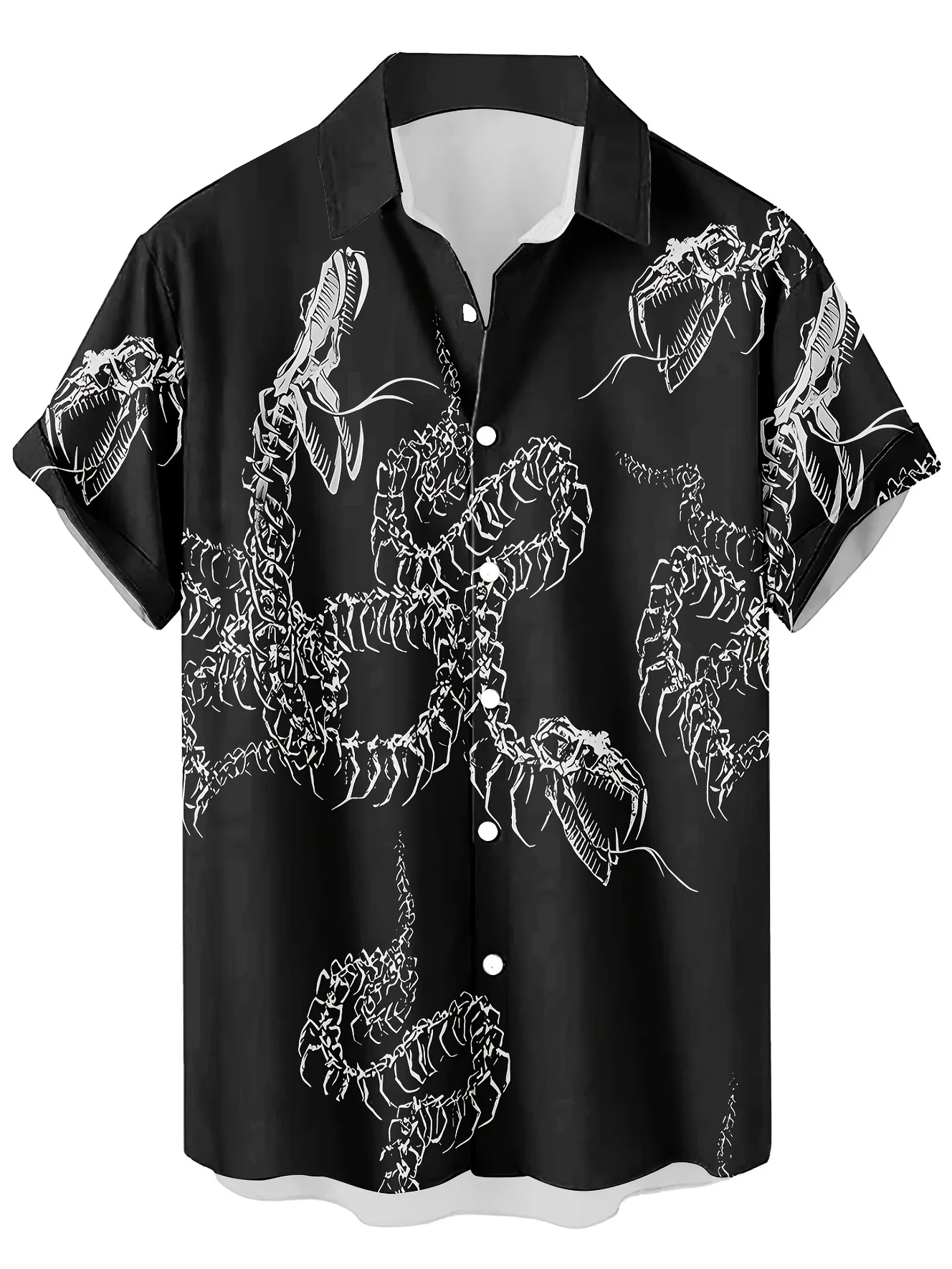 Men Gothic Snake Scorpion Skeleton Print Short Sleeve Shirt Lapel Collar Dark Style Casual Tops