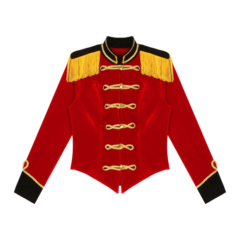 Costume da direttore di circo da uomo, uniforme, costume da showman di Halloween, costume cosplay, colletto alla coreana, giacca in velluto con frange