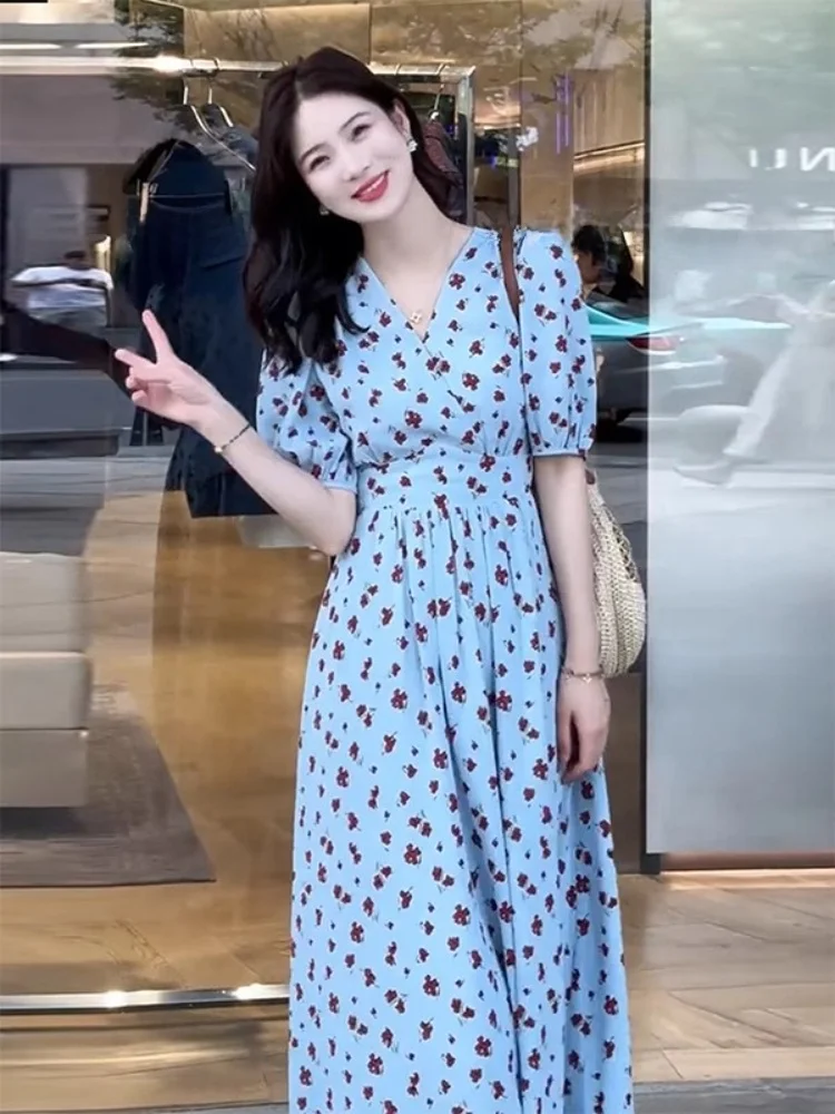 

Ele Floral Print Maxi Dr Simple Beautiful Summer Dr for Women High Waist A-Line Skirt V-Ne ort Sve Tea Break...