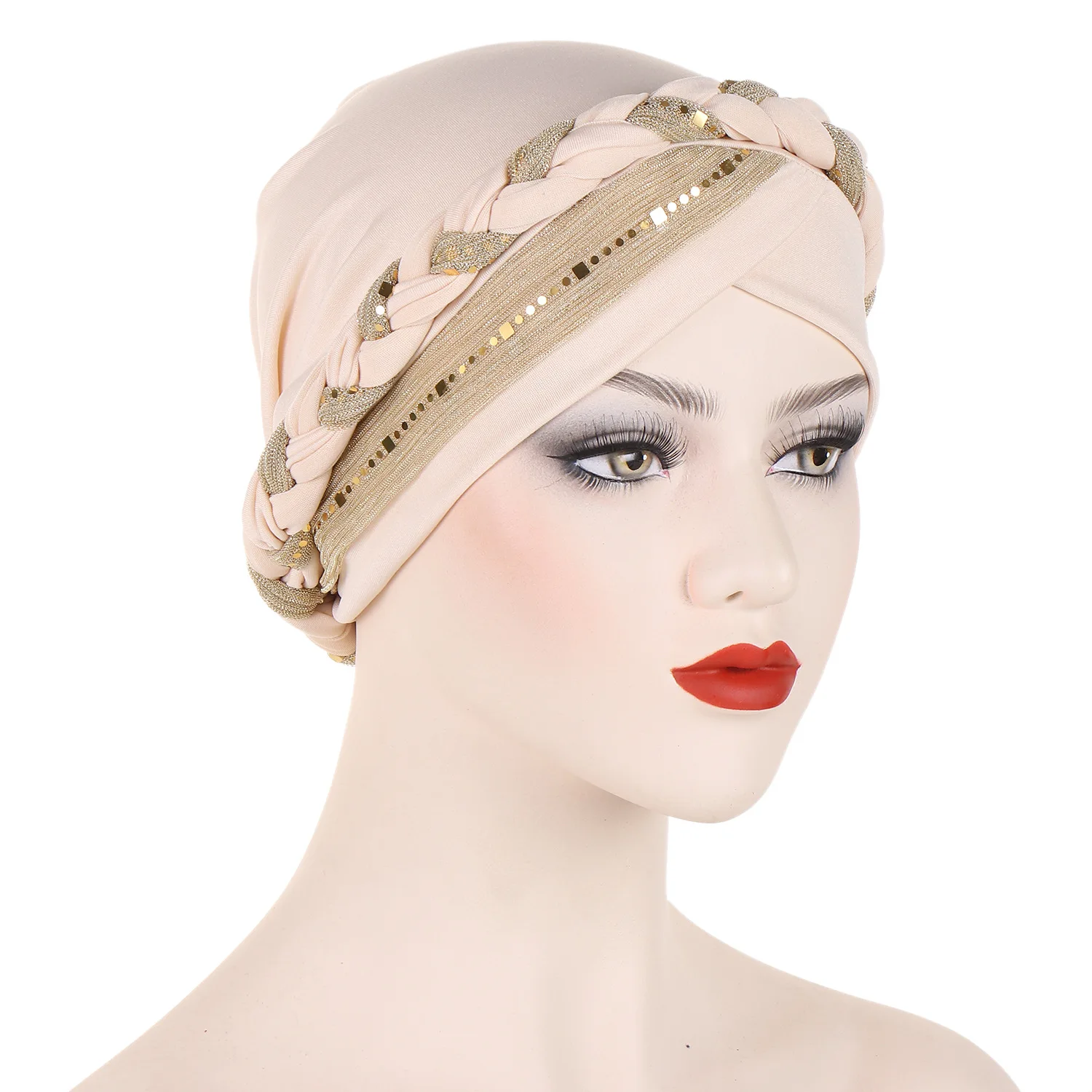 Solid Color Sequin Braided Hijab Turban Cap Ramadan Headwrap Elegant Head Scarf Lightweight Bonnet Beanies