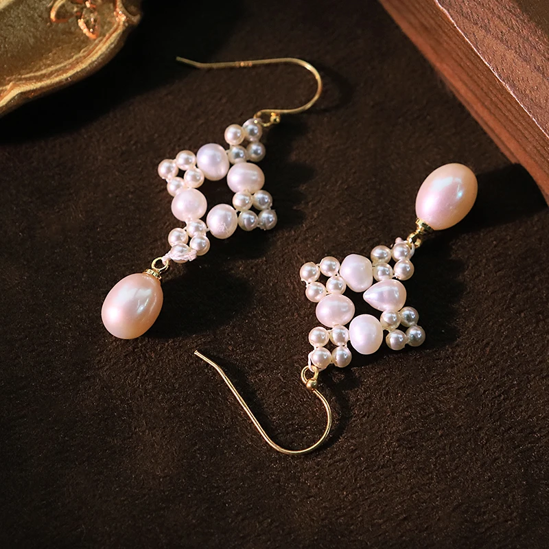 Natural Freshwater Pearl Cotton Thread Woven Earrings Handmade Design Earrings Gift for Banquet Wedding Women's Jewelry GE1809