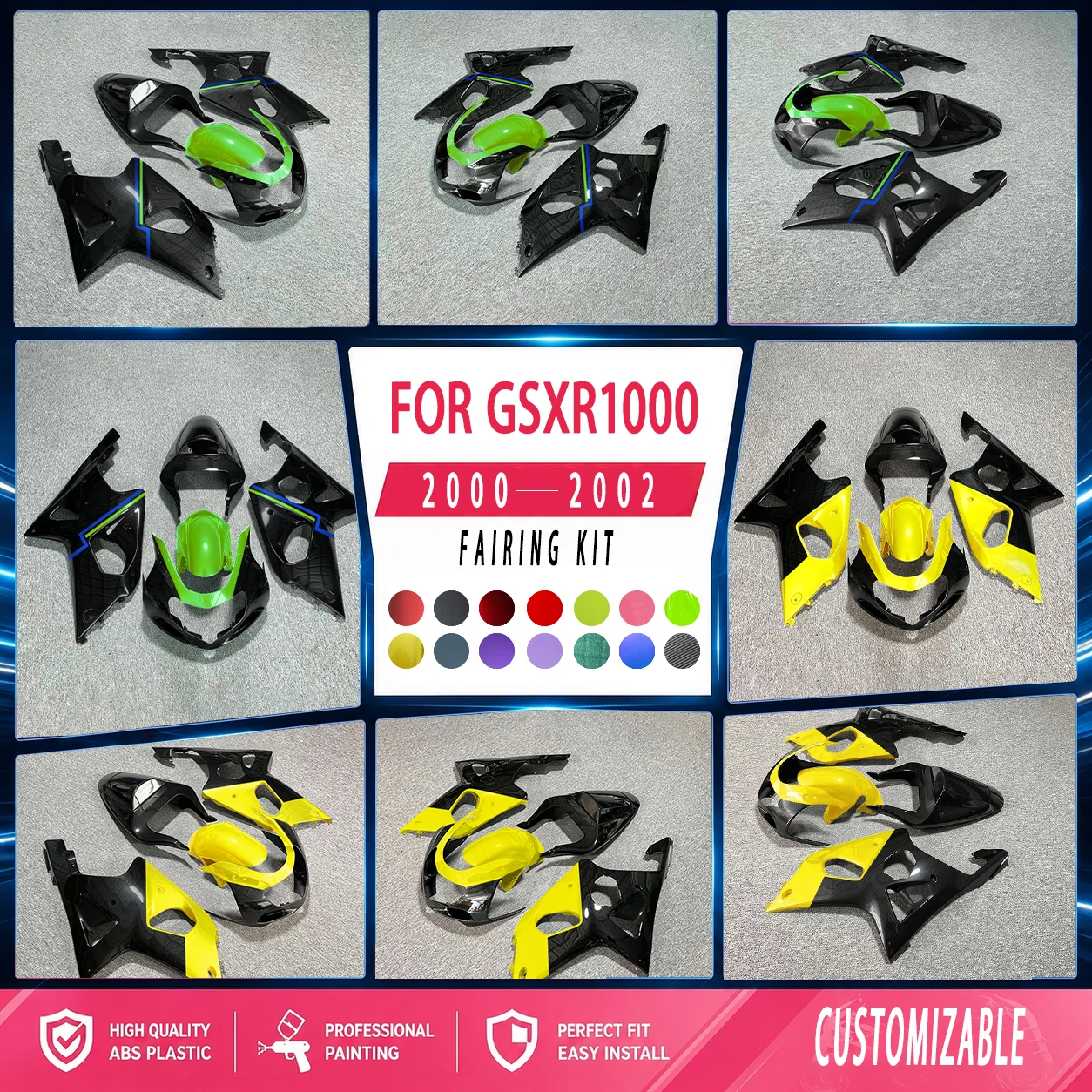 Für 2000 2001 2002 GSXR 1000 Motorrad-Modifikationszubehör Verkleidungen GSXR1000 00 01 02 Spritzguss-Verkleidungskit
