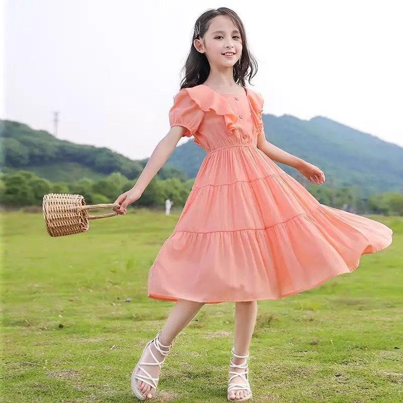 2023 summer princess ruched dress boat neckline short sleeve loose mesh lace kids child toddler teenager 5 6 8 9 10 11 12 years