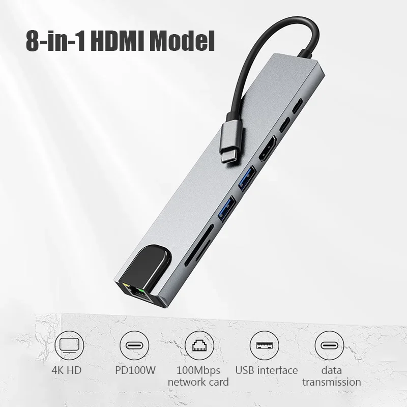 Usb 8 In 1 Type C 3 1 To 4k HdTV Hub Adapter With Sd Tf Rj45 Card Reader Pd Fast Charge For Macbook Notebook Computer