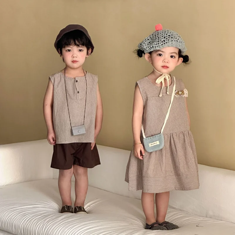 Children's Summer Outfit for Boys with Stripes2026New stylish baby girl's vest dress, sister and brother matching outfits