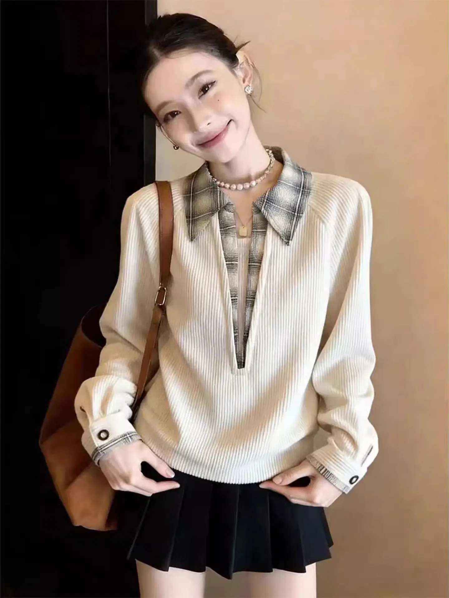 

Женская клетчатая футболка с длинным рукавом, свободного кроя, повседневная, весенняя, модная, больших размеров, универсальный дизайн с высокой талией