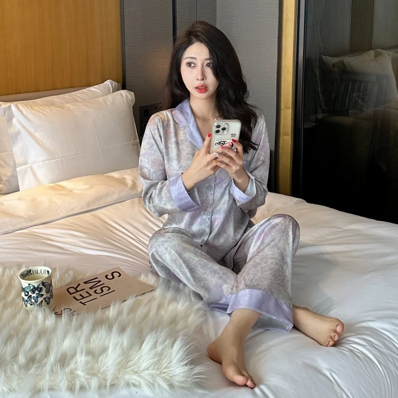 Women Ice Silk Pajamas Set Long Sleeve Trousers Lounge Loose Sleepwear Ink Painting Print Pajama Bedroom Home Clothes