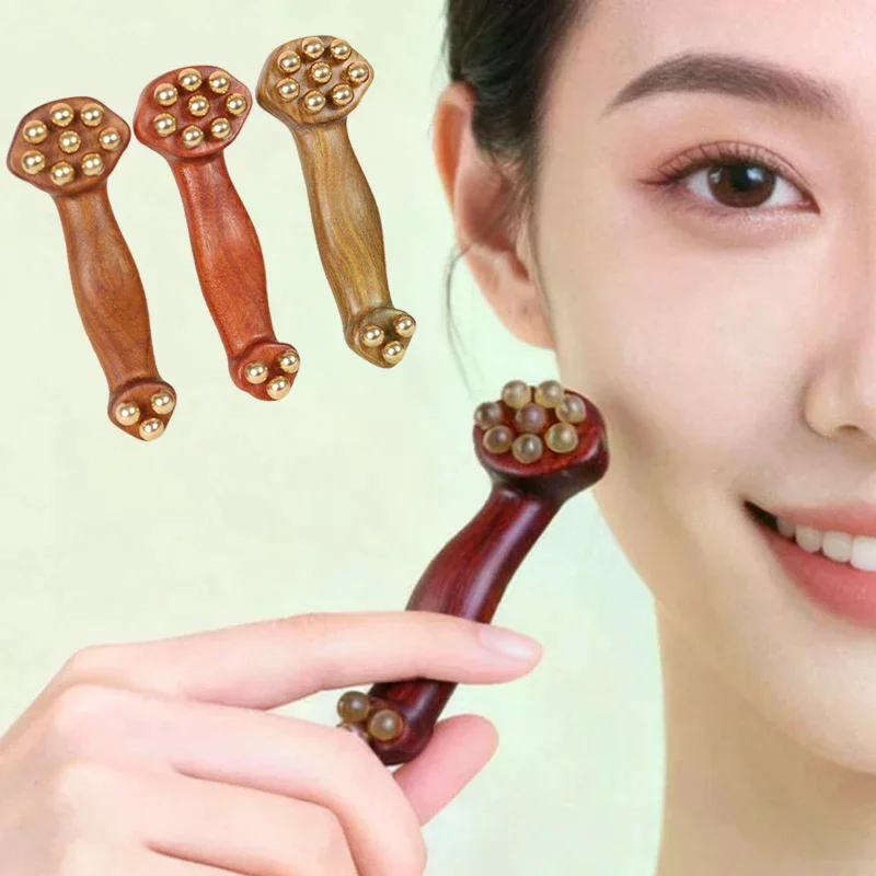 Double Ended Facial Fascia Lifting Tool Acupoint Stick Facial Scraping Stick Brass Bead Sandalwood Massage Gua Sha Stick Relax