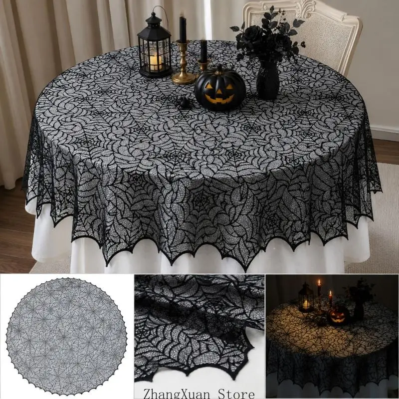 Halloween-Party-Tischdecke aus schwarzer Spitze mit Spinnennetz-Optik für runde Tische, 3 x – Detail 10