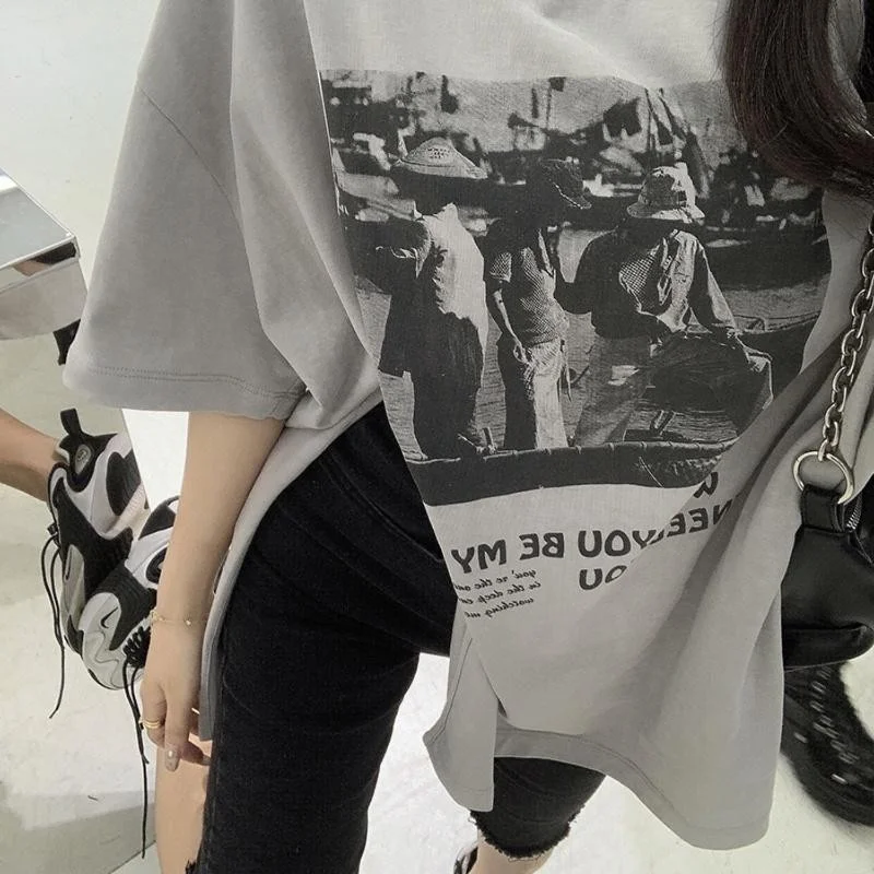 【مقاس كبير】تي شيرت نسائي صيفي كبير الحجم بأكمام قصيرة، بلوزات فضفاضة مطبوعة بمقاسات كبيرة، تي شيرت عصري قديم #3