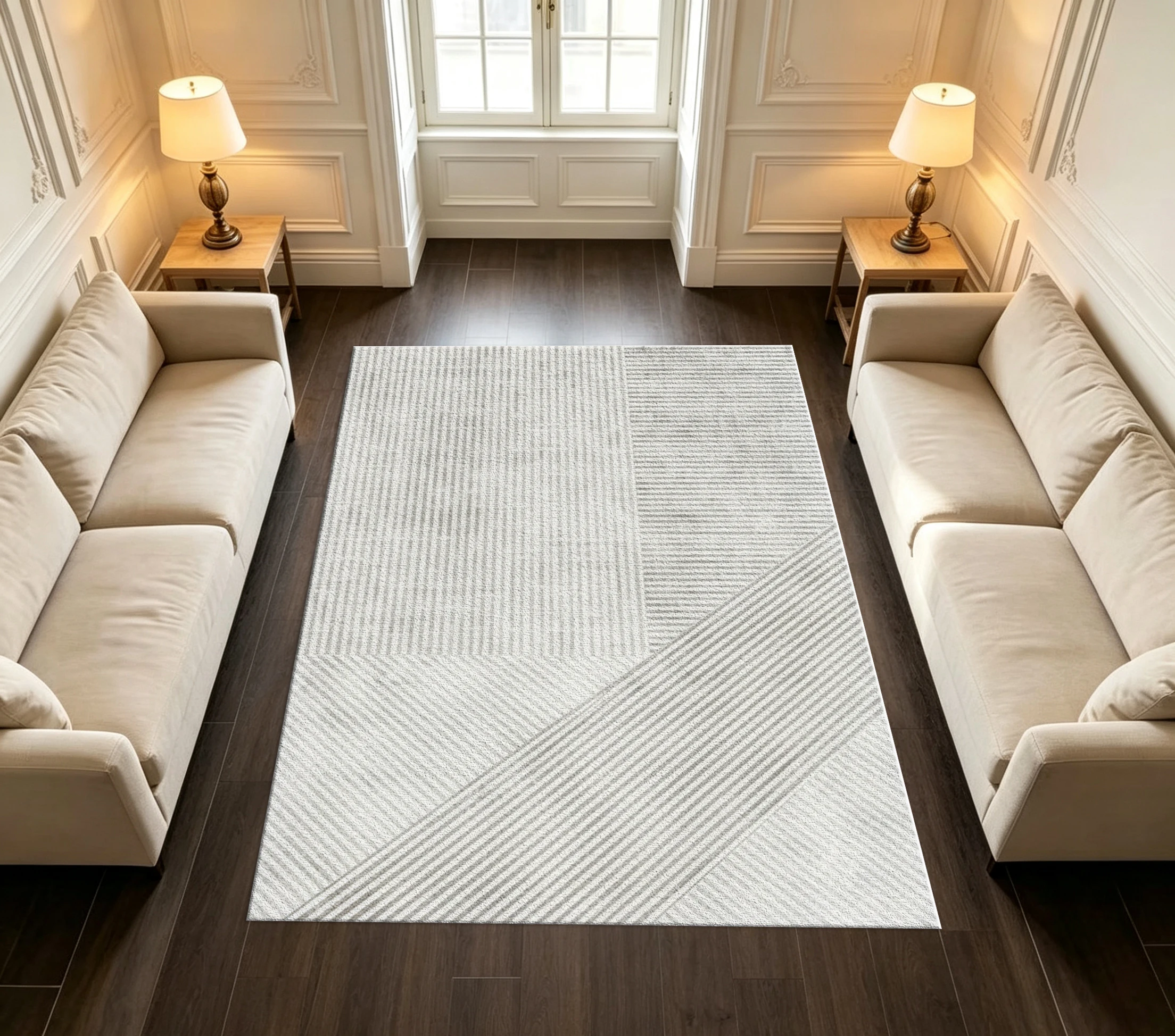 Minimalist Stripe Geometric Carpet Flooring Neutral Tone Diagonal Line Pattern Area Rug Modern Indoor Home Floor Decoration