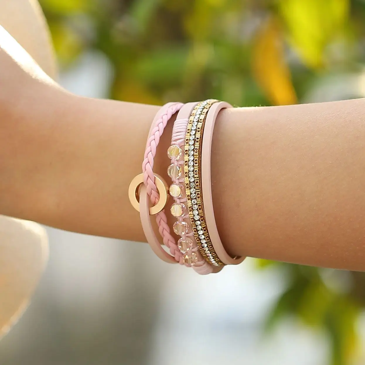 

Amorcome Women's Leather Braided Bracelet with Colorful Crystal Beads Stylish Spring Color Multilayer Wrap Bracelet Men Jewelry