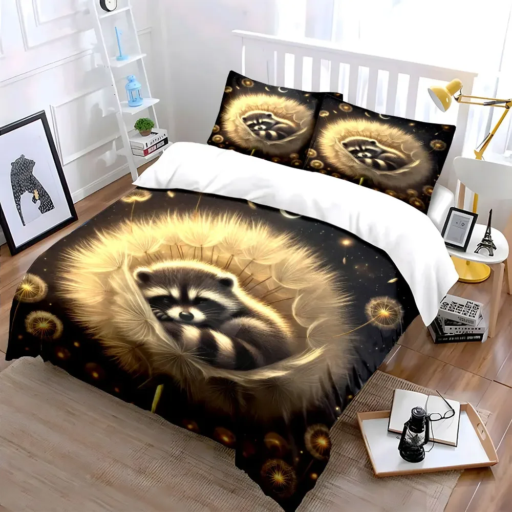 Sleeping Raccoon Dandelion Art Set Soft Comfortable Duvet Cover Bedding Set Included 1*Duvet Cover & 2*Pillowcases, gift