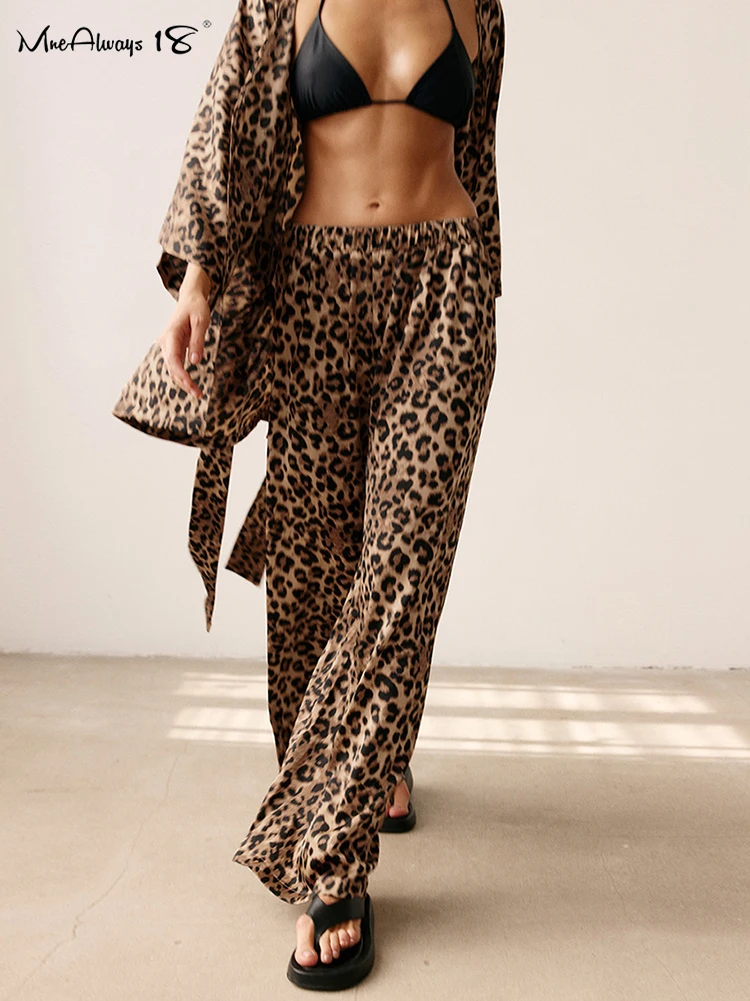 Mnealways18 Leopard Print Pants Sets Women Homewear 2024 Lace-Up Blouses And Baggy Pants Suits Summer Print Outfits Two Pieces