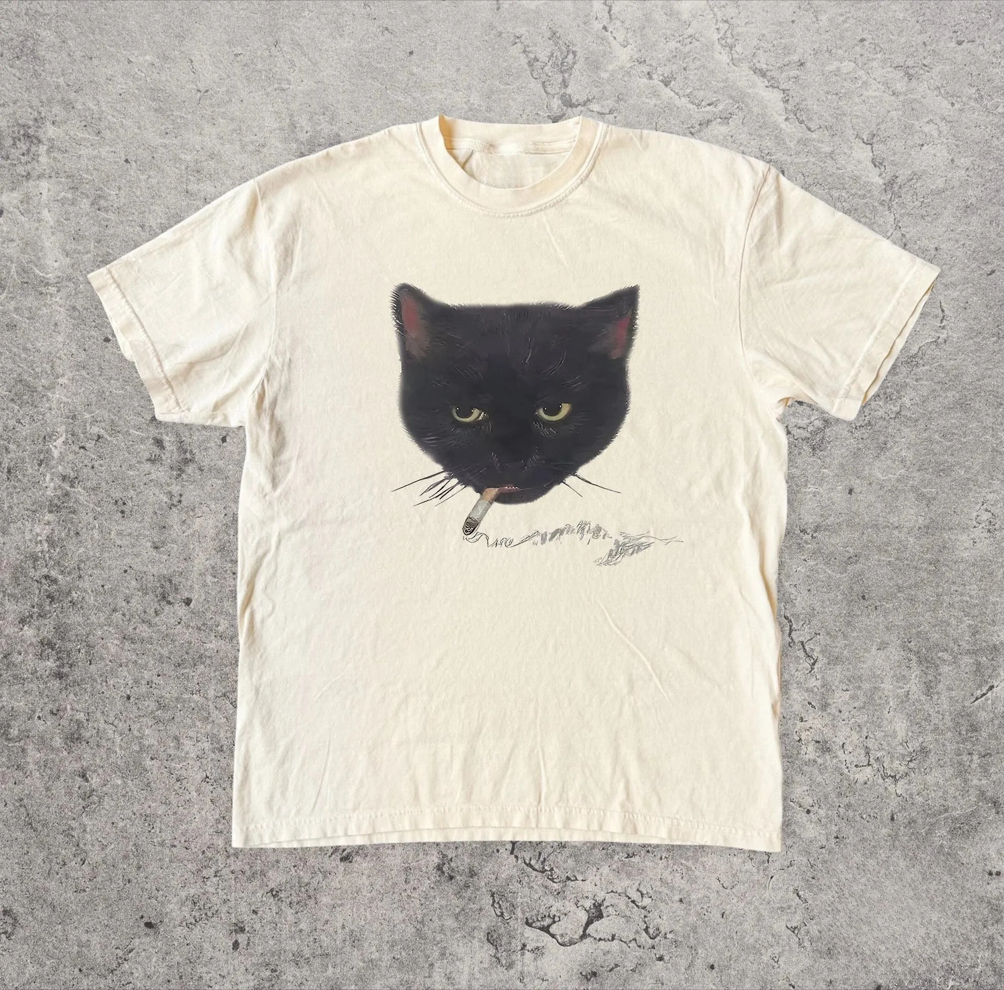 تي شيرت نسائي مقاس كبير بتصميم ريترو بلاك كات للتدخين من القطن الخالص قابل للتنفس وعصري ومتعدد الاستخدامات للجنسين مقاس كبير #1