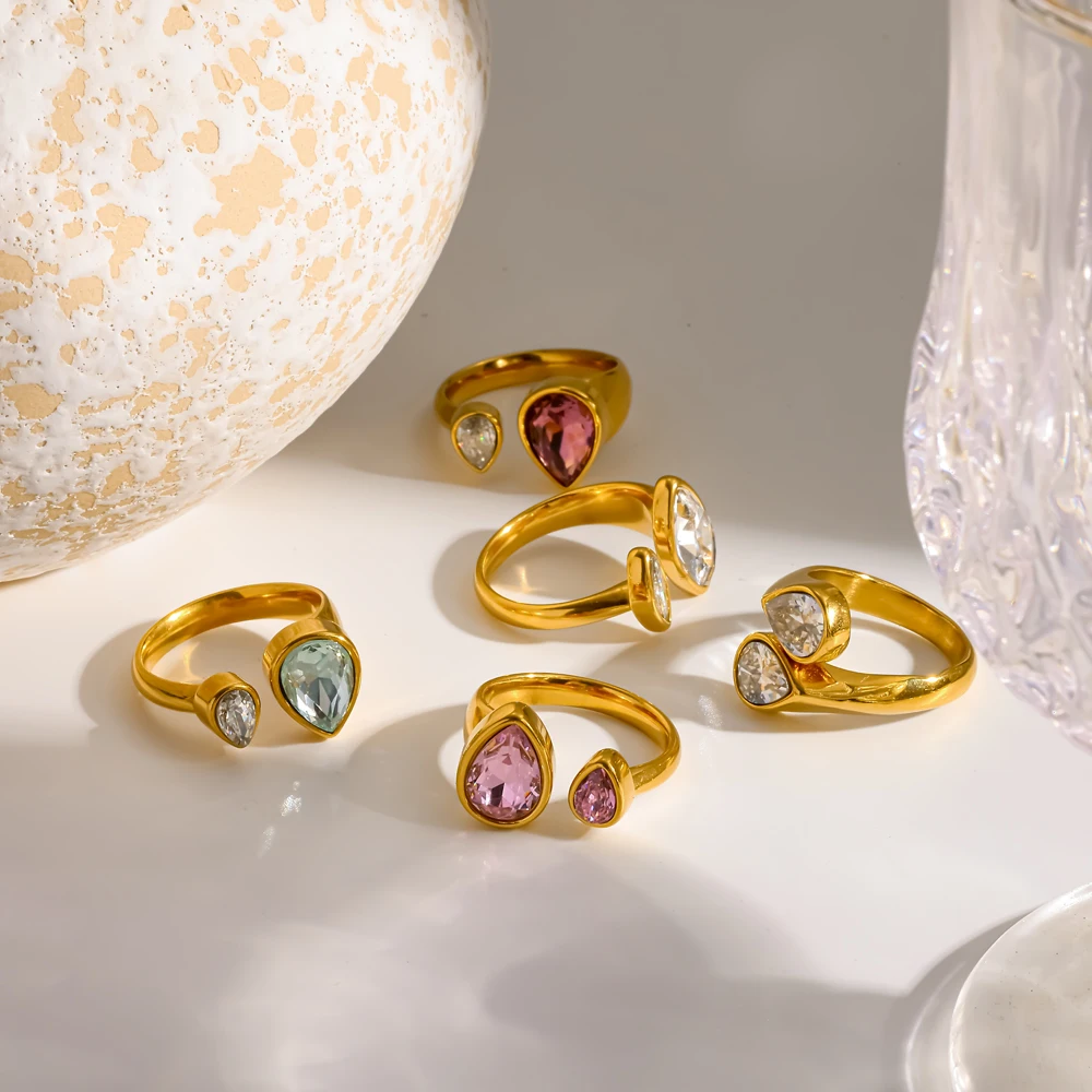 Modischer Damen-Ring mit Exquisitem Wassertropfen-Design aus Kubischem Zirkonia, 18K Vergoldet, Wasserfester Edelstahlschmuck – Detail 3