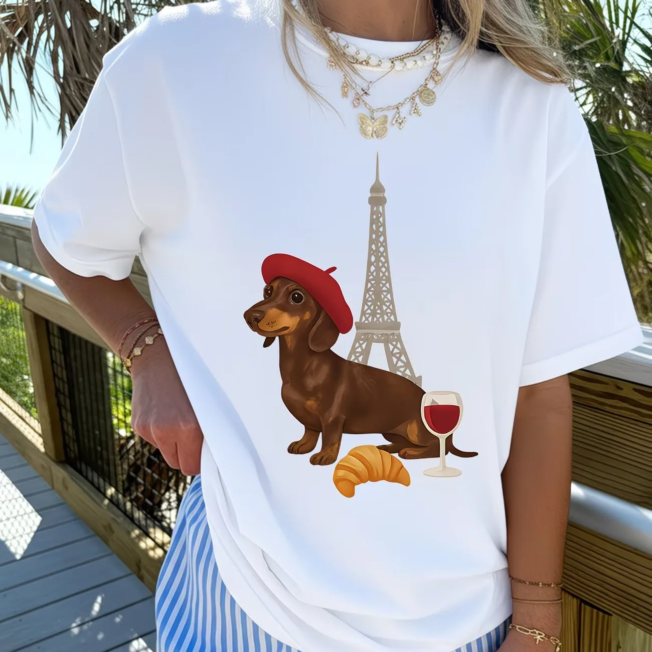 Funny French Dachshund T Shirt Paris Eiffel Tower Dog Graphic Tops Women Trendy Aesthetic Casual Short Sleeve Fashion Tee