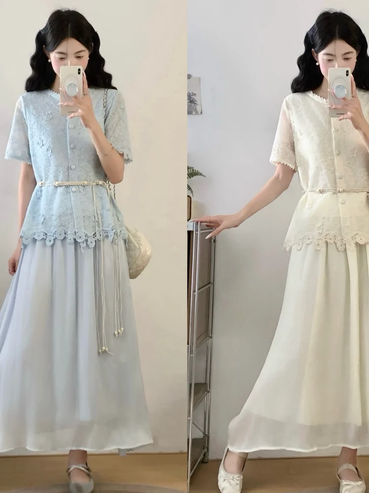 

plus Size Lace Cover up Fake Two Piece Set Women's Summer Slimming Fashionable Matching Dressing Gown Pear Shaped Body Type
