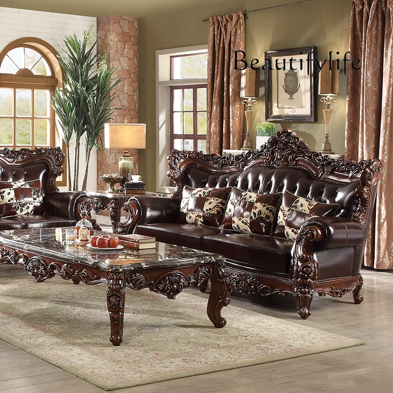 European all-solid wood coffee table log carved marble square corner American side table living room coffee table