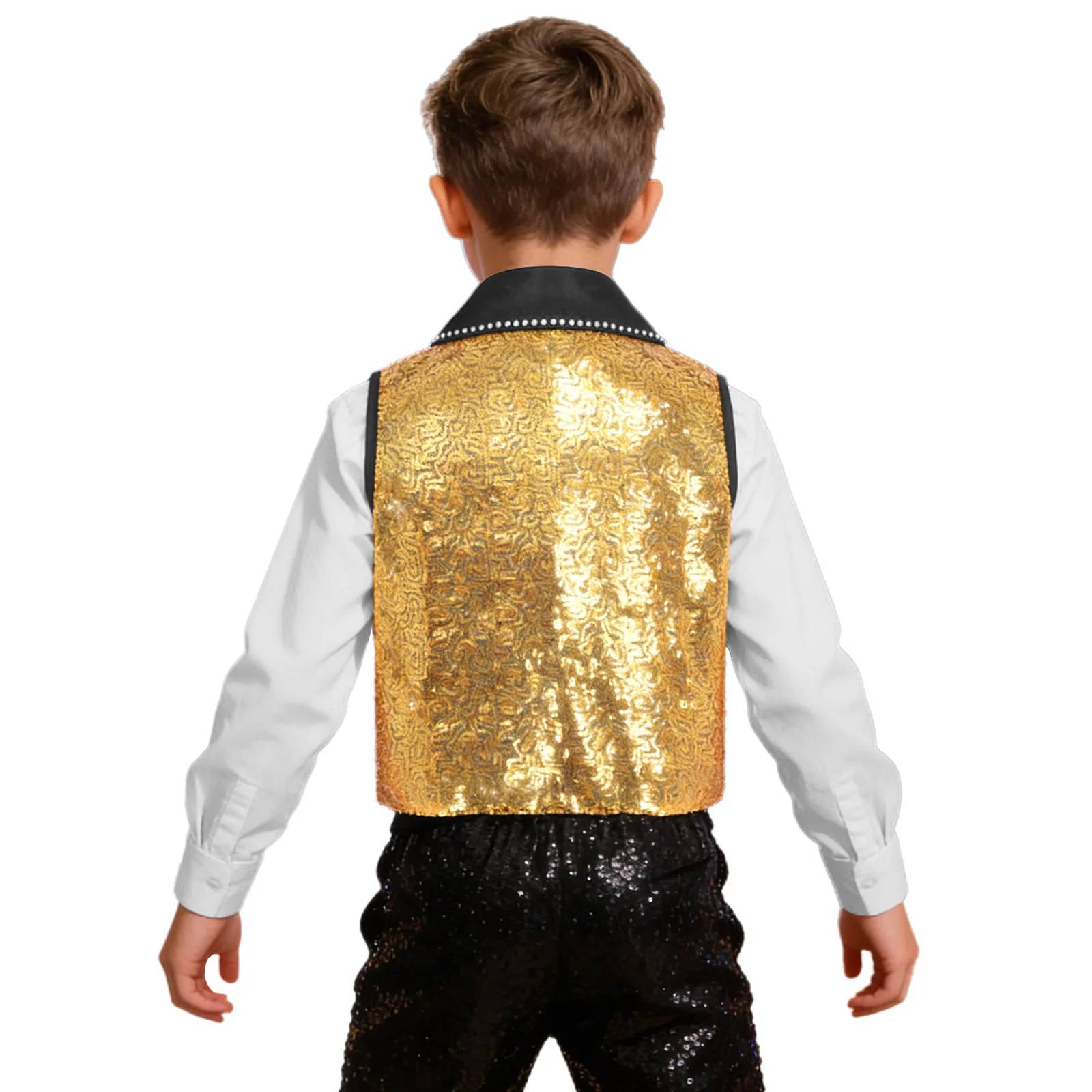 Kids Boys Girls Sparkling Sequin Vest Disco Party Choir Jazz Hip Hop Dance Stage Performance Costume Lapel Sleeveless Waistcoat