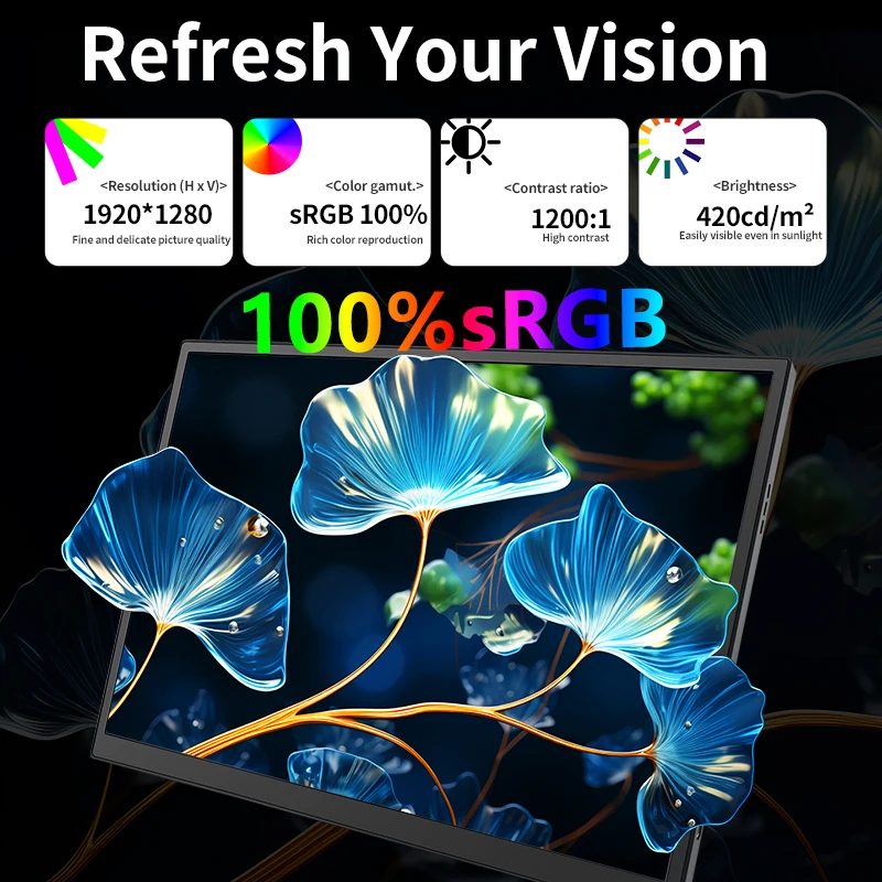 10.5 inch Portable Monitor 1280P 100% SRGB 420 Cd/m2 With Dual Speakers Mini HDMI Interface For Laptop PC PS4 Game Console