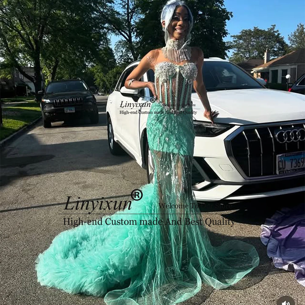 

Sexy Illusion Tulle Prom Dresses 2025 Ruffles Mermaid Evening Party Gowns Customized Sleeveless Court Train vestidos de festa