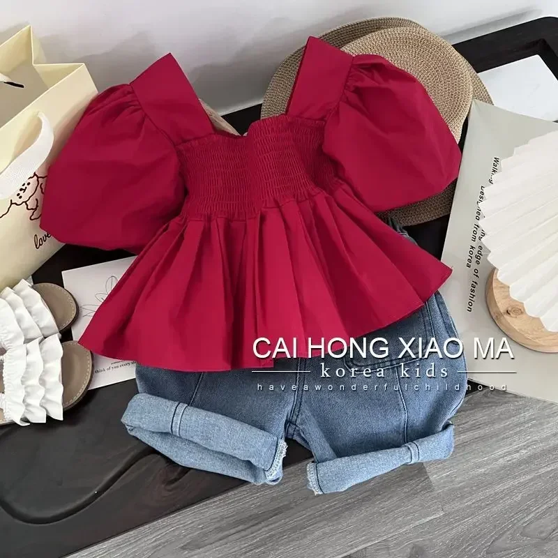 Fashion Girls Baby Short Sleeve Top Jeans Two Piece Spring Summer Children\'s Clothing  90-140cm Girls New Clothes Set