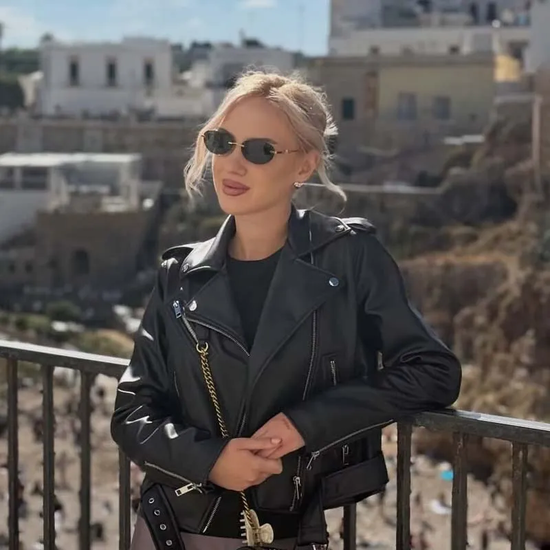 

YENKYE Women New Fashion Faux Leather Biker Jacket Front Zipper Lapel Collar With Belt Autumn Winter Cool Motorcycle Coat