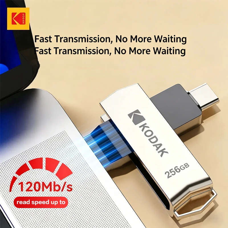 KODAK K273 USB3.2 Type C Dual Flash Drive 256GB 128GB 64GB Pendrive High Speed Metal Rotatable For Phone Laptop