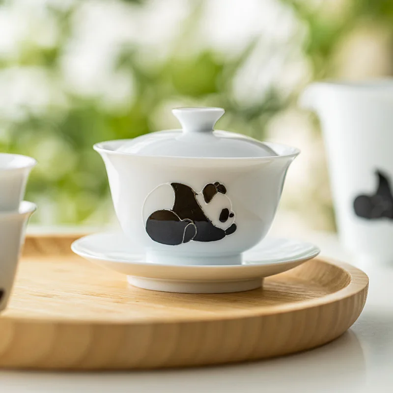 Hand-painted Panda Covered Cup Teacup Dehua White Porcelain Sancai Cup Tea Bowl With Cover Single Large Ceramic Kung Fu Tea Set