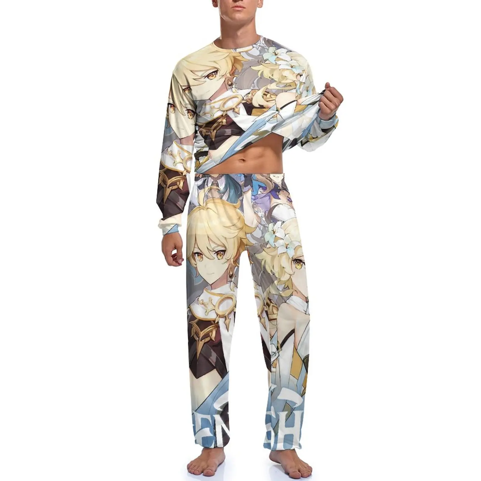 Genshin Impact Pajamas Cute Anime Men Long Sleeve Kawaii Pajamas Set 2 Piece Casual Winter Printed Sleepwear Birthday Present