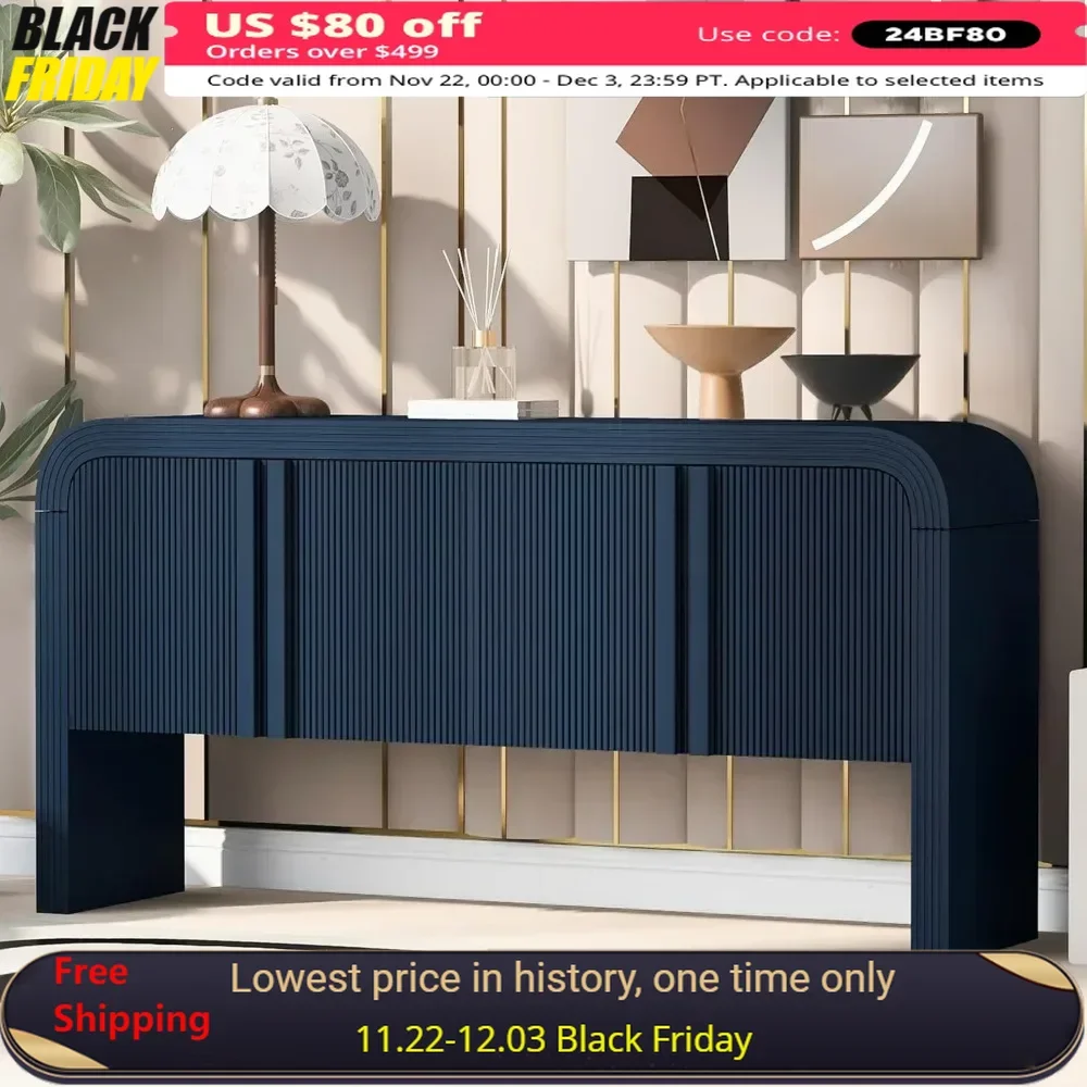 Multifunctional Console Storage Cabinet Sideboard with Adjustable Shelves, Suitable,  Modern Striped 4 Doors Storage Cabinet