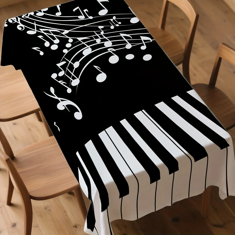 One set of dark grey musical notes and piano key tablecloth - Easy to clean surface suitable for dining tablexzj