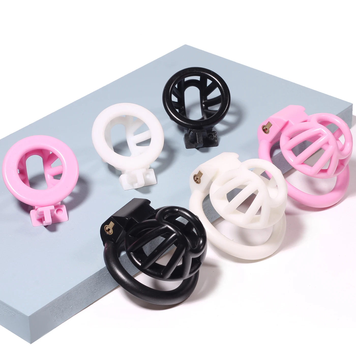 Pink/black /white Locked In Lust Male Chastity Device Chastity Cage With 4 Base Ring