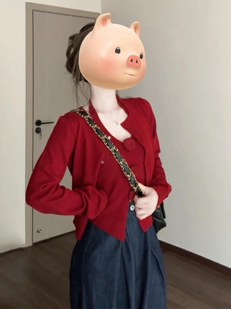 

Red Knitted Sweater Lazy Sle High-End New Women's Spring Autumn Hanging Ne Strap Outerwear Cardigan Soft Medium Thin...