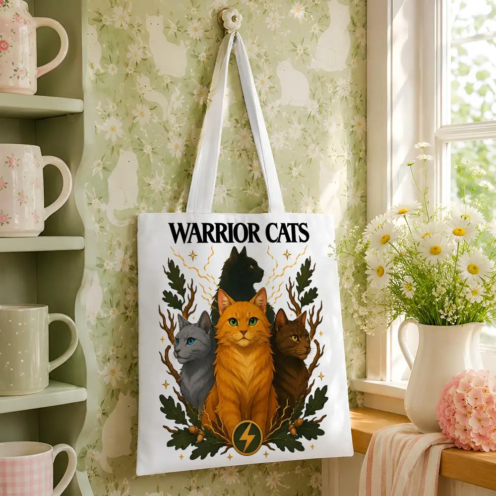 W-Warrior Cats Storage Bags Reusable Canvas Tote Large Capacity Shoulder Carry For Shopping Travel Work School