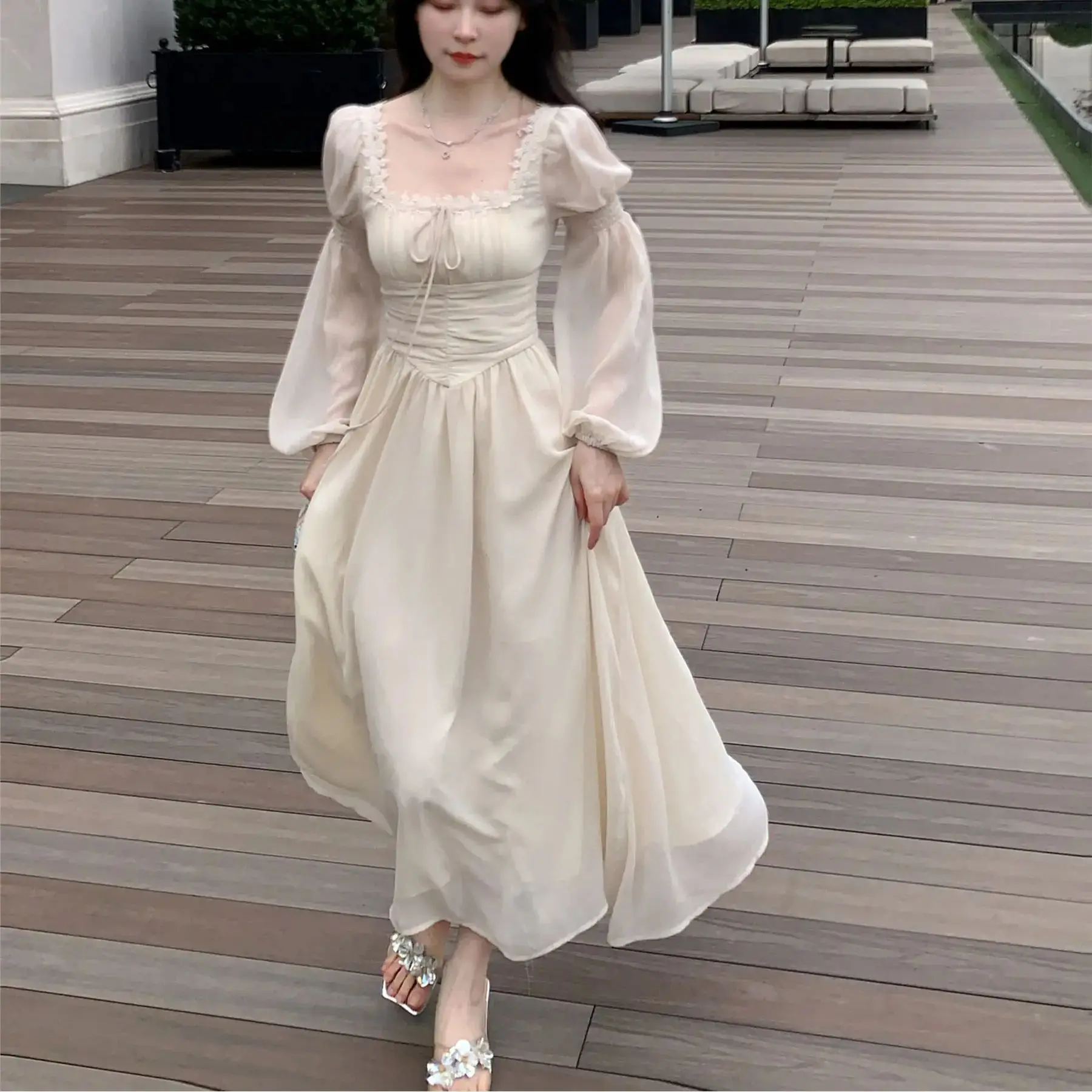 

Midi Dresses Lace Up Chiffon French Elegant Princess Evening Party For Women Autumn Slim Bandage Long Sleeve Korean Spring