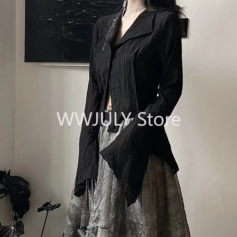 Gothic Black Shirt Yamamoto Style Dark Aesthetic Blouse Women Irregular Designer Clothes Emo Alt Clothes Grunge Tops Y2k