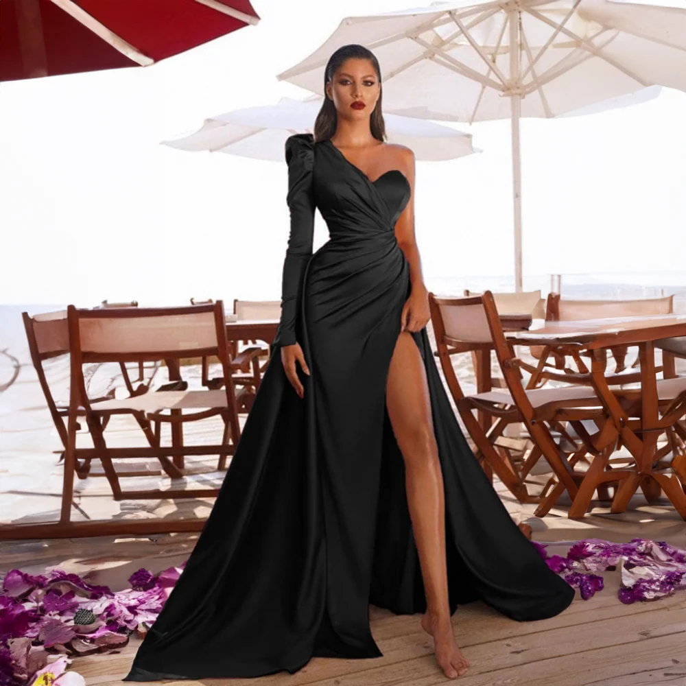 

One Shoulder Satin Fashion Evening Dresses Long Sleeve for Bridal Side High Split Court Prom Party Gown Sweetheart فساتين طويلة