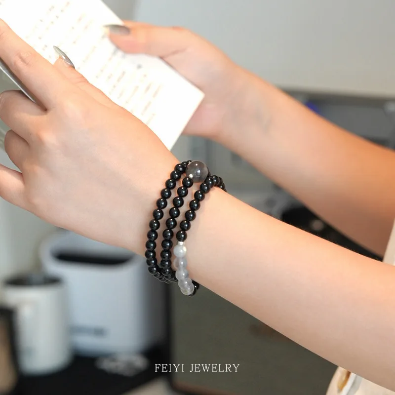 

Натуральный черный агат, серый лунный свет, штабелируемый трехслойный нишевый браслет из бисера, унисекс, дизайн подарка для пары, модный браслет