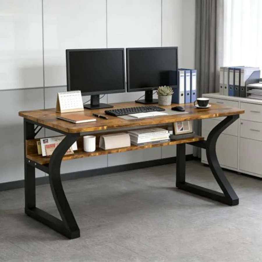 Home office computer desk, 55-inch spacious desktop with storage shelf, C-shaped stable legs, black MDF material, ideal for gam