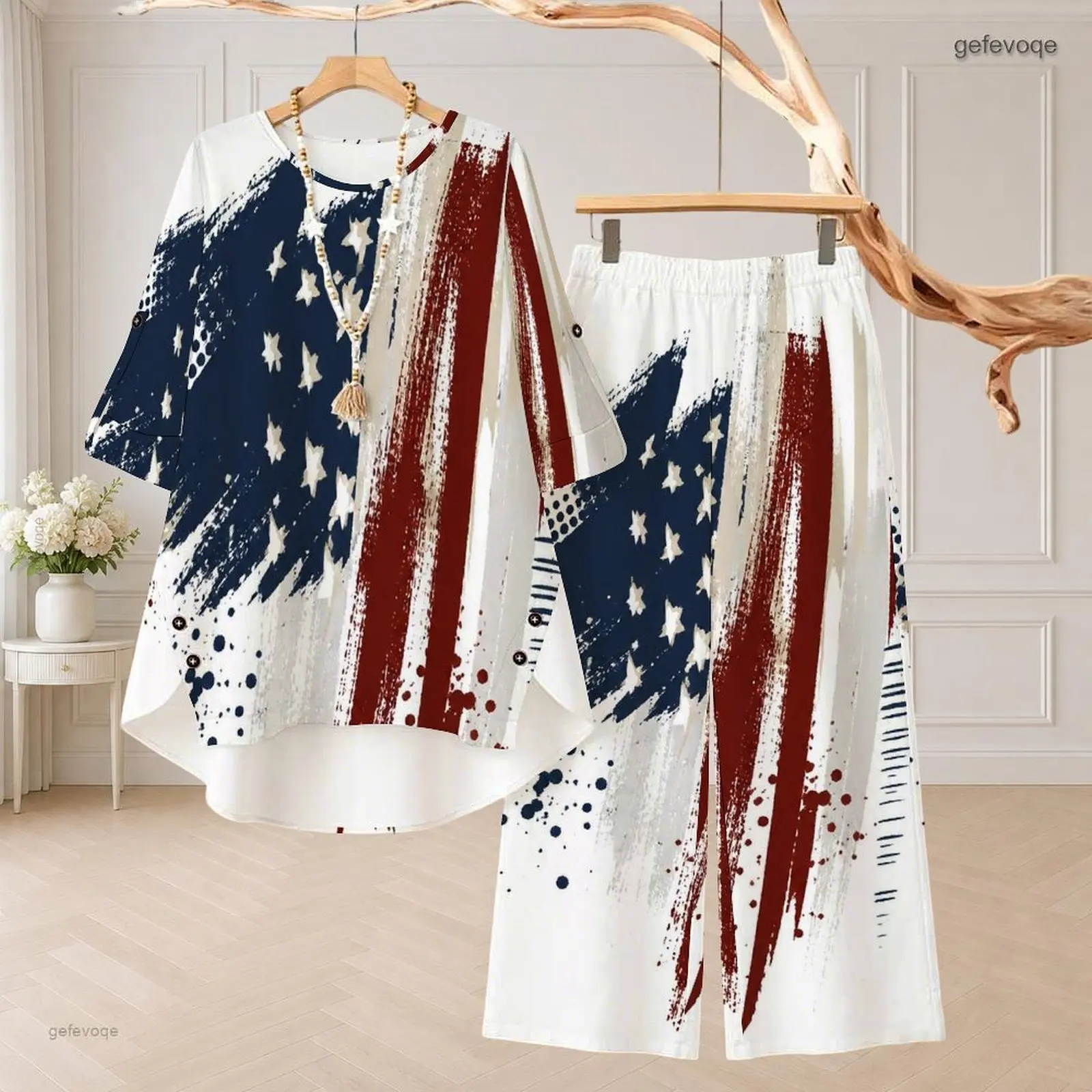 Women Women Printed Round Neck 3/4 Sleeve High Low Top and Long Pants Two Piece Set, US Flag Brush Star Stripe Pattern - Aliexpress Deal