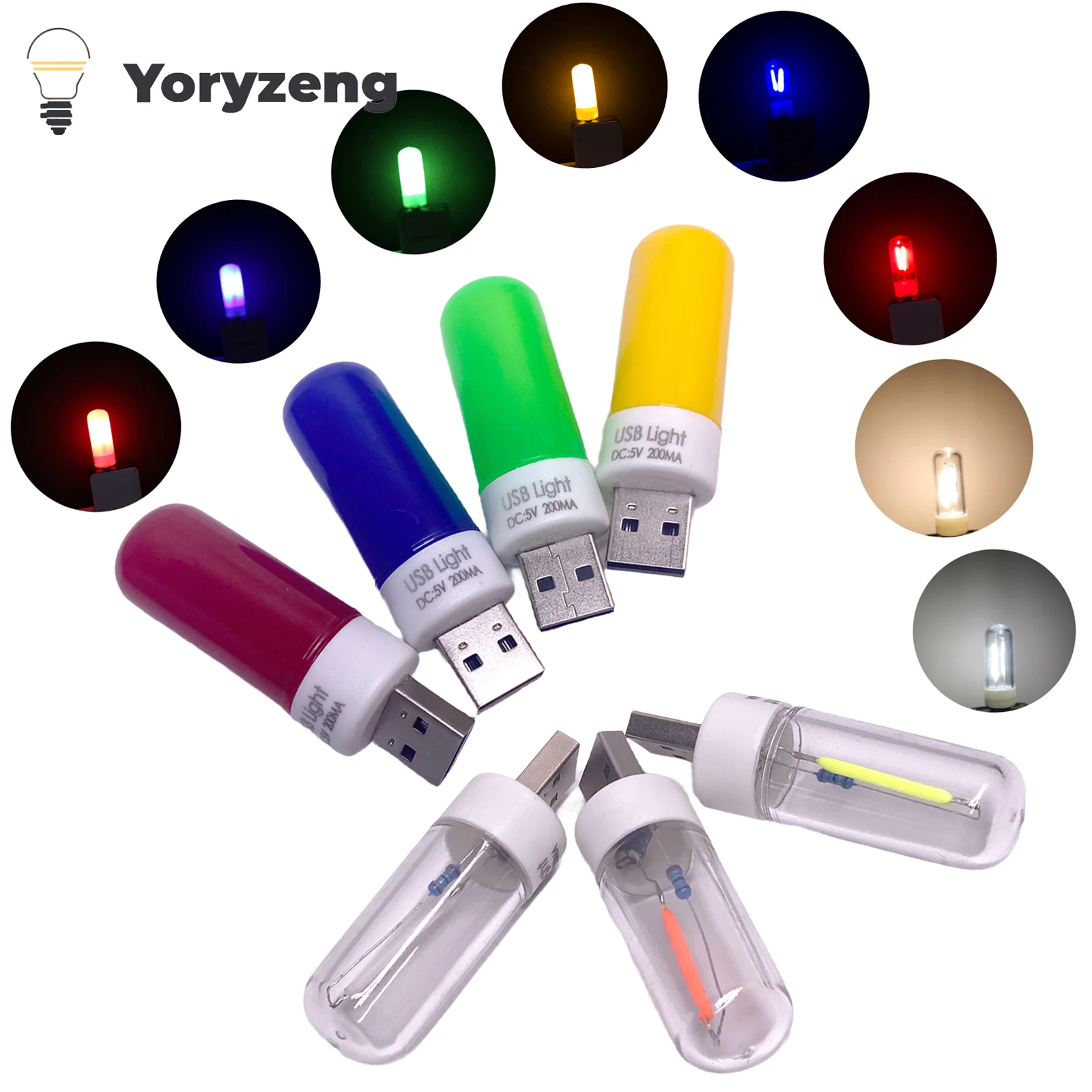 Colorful 5V Mini LED COB Light Bulb Filament Portable Night Reading Lighting Lamp USB Charging Treasure Notebook Power Bulbs