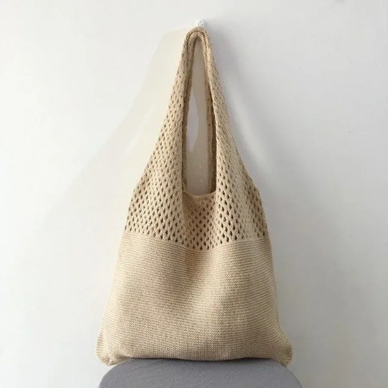 

New Large capacity Women's Bag Crochet Handbag Retro Knitted Braid Solid Color Hollow Black Khaki Top-handle Tote Bag Shopper