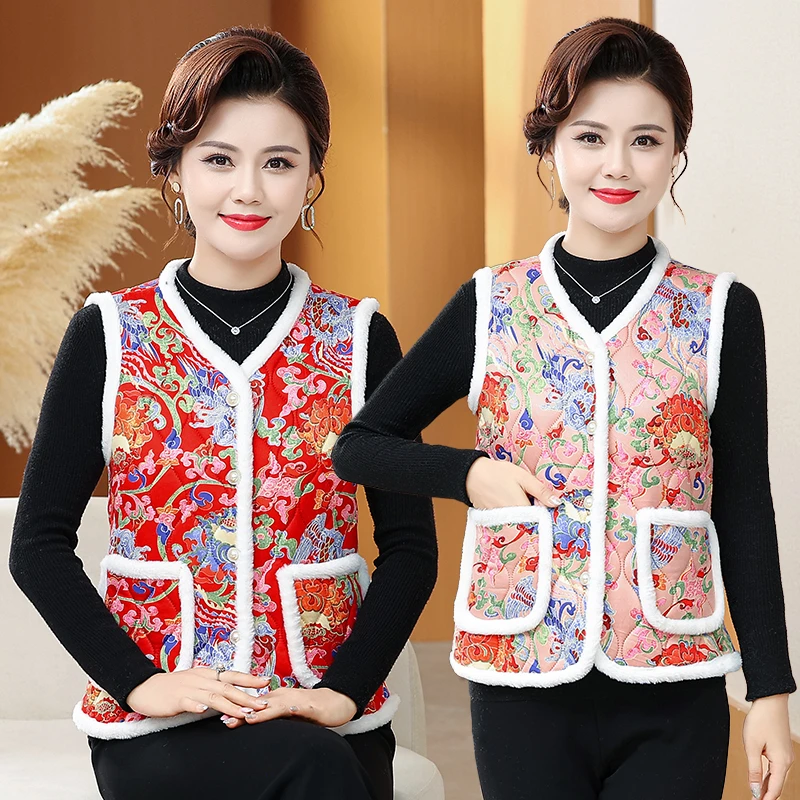 

Новый зимний утолщенный хлопковый жилет на флисовой подкладке, модная куртка с цветочным принтом, стеганая куртка для среднего и пожилого возраста, теплая