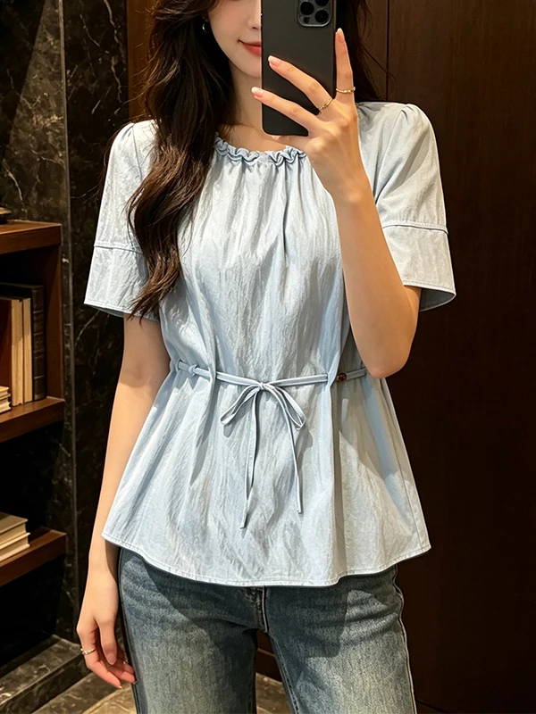 

Summer 2026 Women's Short Sleeve Shirt Waist Cinched Versatile Fashion Korean Style round Neck Top Quality Material Non-defor...