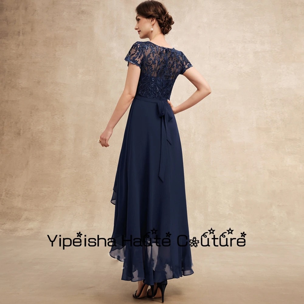 Yipeisha Dark Navy Short Sleeve Chiffon Simple Mother Of Bridal Dresses for Women Sequined Floor Length Wedding Party Gowns 2022