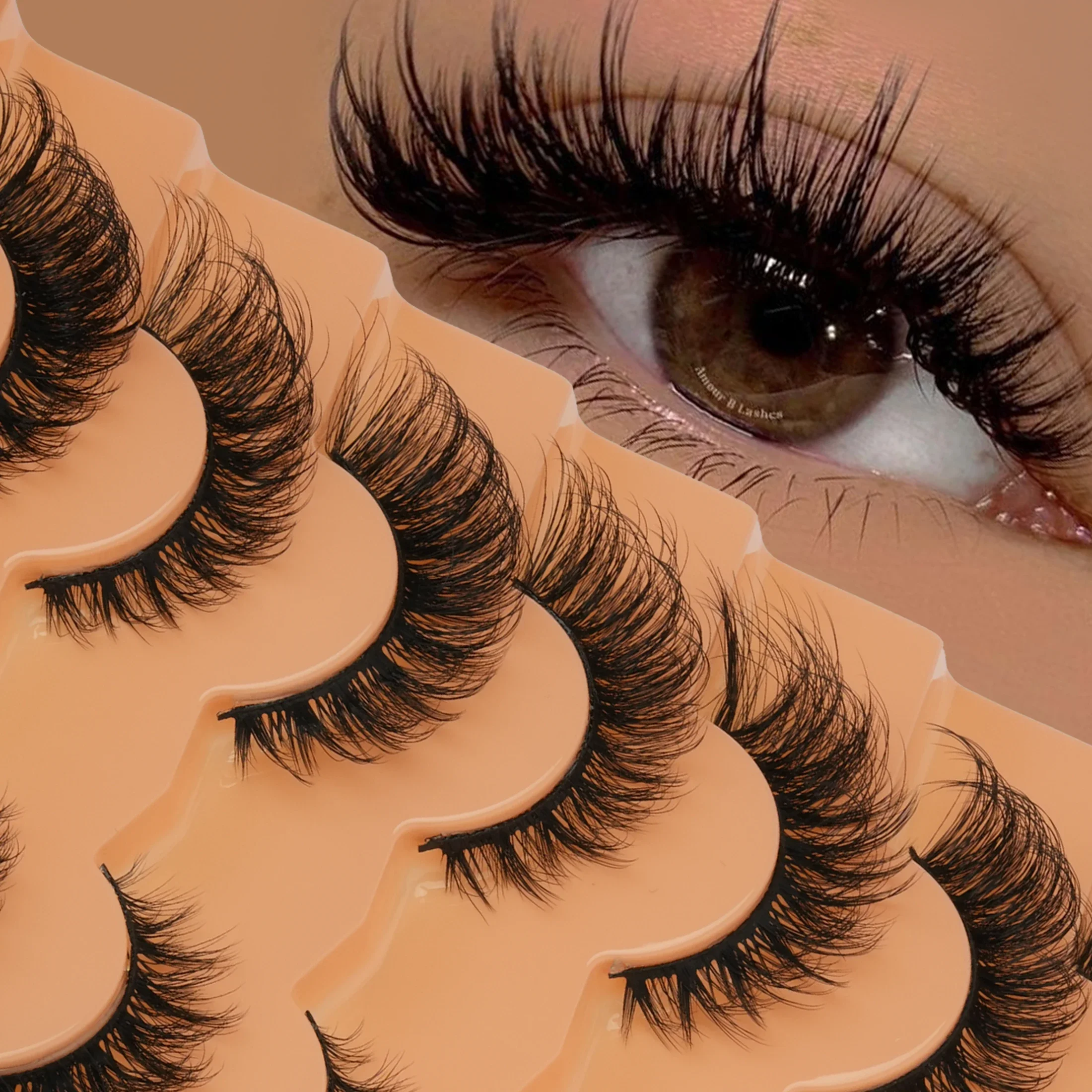 7 Pairs Faux Mink False Eyelashes D Curl Russian Volume Wispy Fluffy Lashes Soft Band Reusable Fake Lashes for Party Makeup